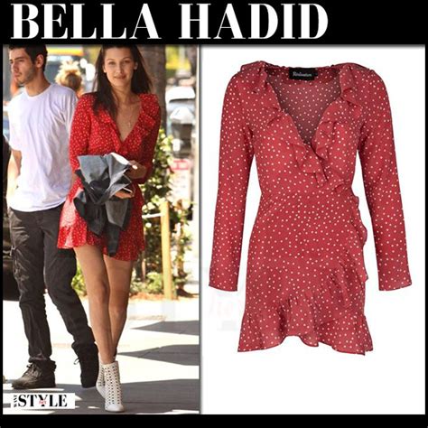 Bella Hadid In Red Dot Print Mini Dress And White Ankle Boots In