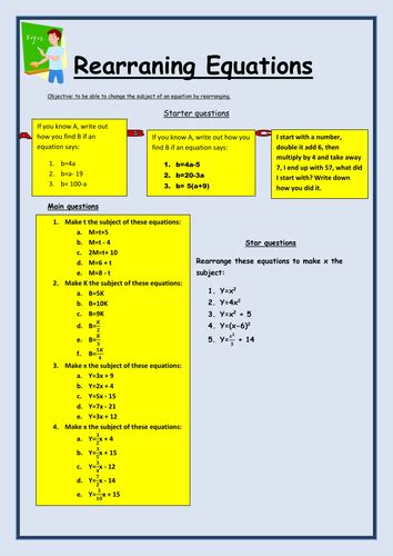 Rearranging Equations Worksheet Ks3 Gcse By Bcooper87 Teaching