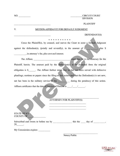 Kentucky Motion Affidavit For Default Judgment Motion Default