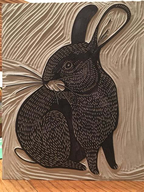 Linoleum Block Printed Rabbit On Cotton Rag Paper Etsy Linocut Art