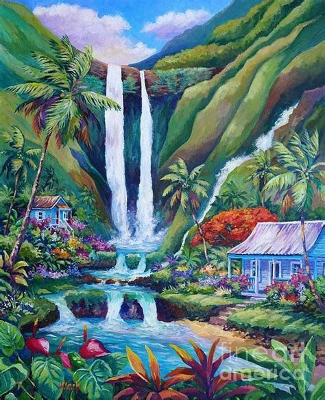Paradise Falls Art Print By John Clark Hawaiian Painting Waterfall