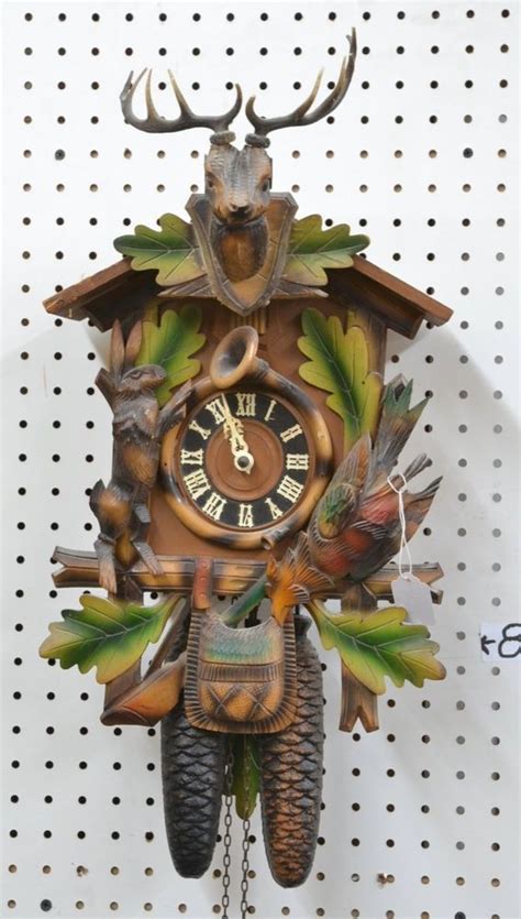 Rare German Black Forest Cuckoo Hunter Clock Painted Carved Wood