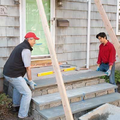 They can provide a hint of luxury to your landscape unmatched by any other whether it is a natural winding staircase in a hillside or a more formal set of cut steps at the front door, stone steps can make a strong statement. How to Clad Concrete Steps in Stone | Front porch stairs ...