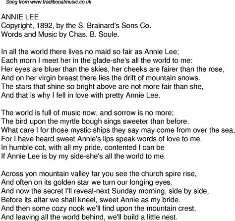 Old Time Song Lyrics For 36 Annie Lee
