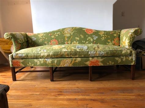 Vintage Baker Furniture Modern Green Linen Floral Camelback Sofa