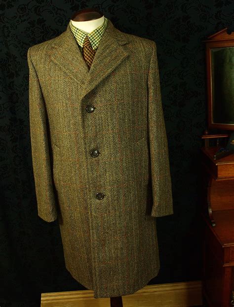 Good Mens Vintage Tweed Crombie Coat Overcoat Size 44 Large Long