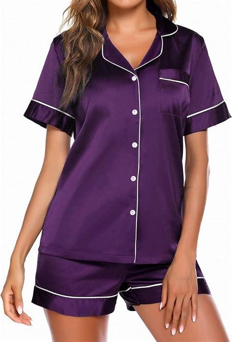 Ekouaer Satin Pajamas Women S Short Sleeve Sleepwear Soft Silk Button Down Loungewear Pjs Shorts