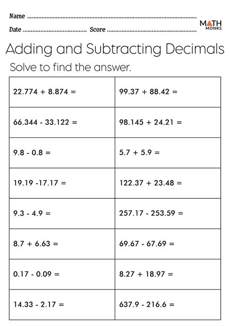 Adding And Subtracting With Decimals Worksheet