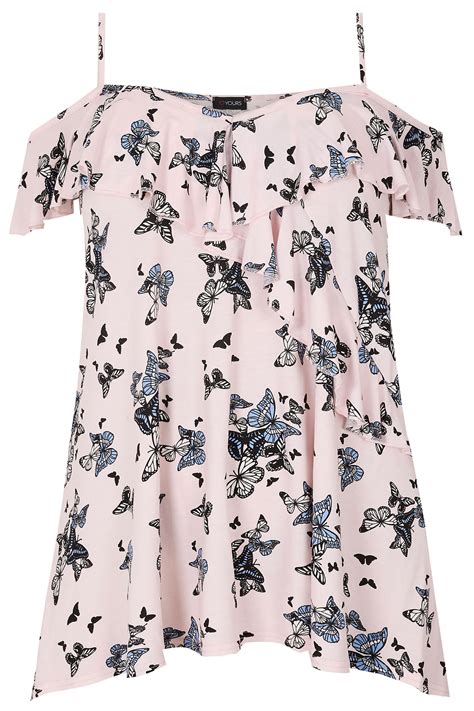 light pink butterfly print frill cold shoulder top plus size 16 to 36