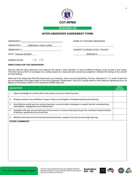 Official Form For Proficient Teachers Cot Rpms Rating Sheet Sy 2024