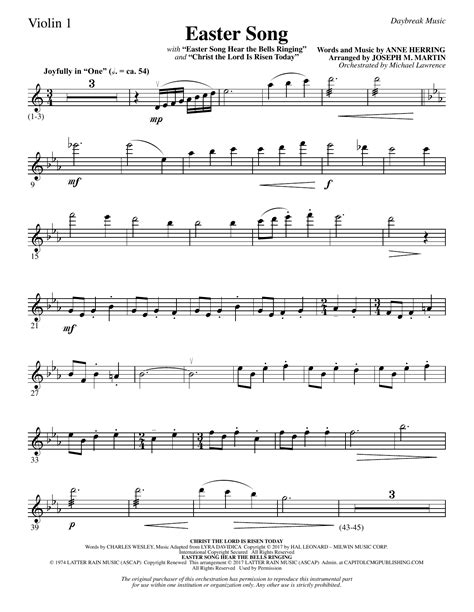 Easter Song With Christ The Lord Is Risen Today Violin 1 Sheet