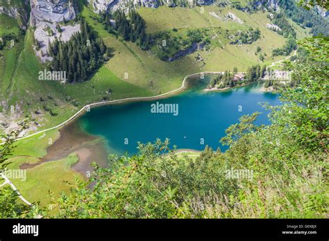Aerial View Of Seealpsee Lake On The Alpstein Mountain In Switzerland
