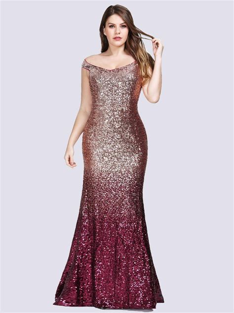 Plus Size Off Shoulder Floor Length Sequins Evening Gown Ever Pretty