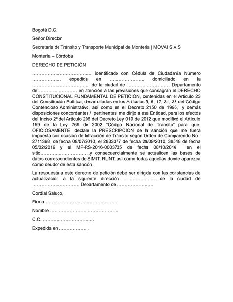 Modelo Prescripcion Multas De Transito Bogotá D Señor Director