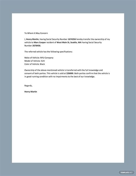 Free Transfer Of Ownership Letter Template