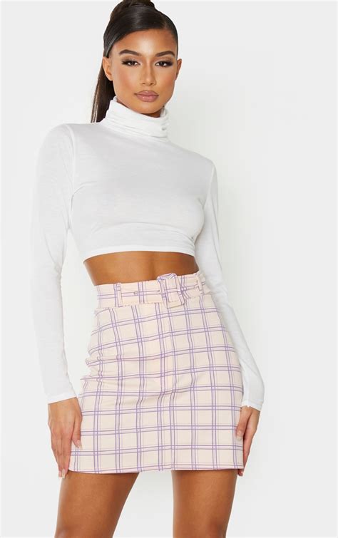 Pink Check Print Belted Mini Skirt Skirts Prettylittlething Qa