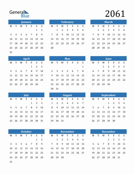 2061 Calendar With Monday Start