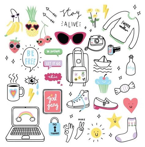 Set Of Cute Girl Stuff In Doodle Style Girl Stickers Doodles Doodle