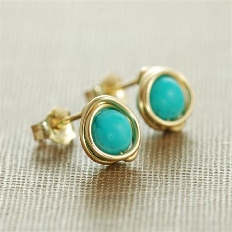 Turquoise Post Earrings Wrapped In K Gold Fill December Etsy