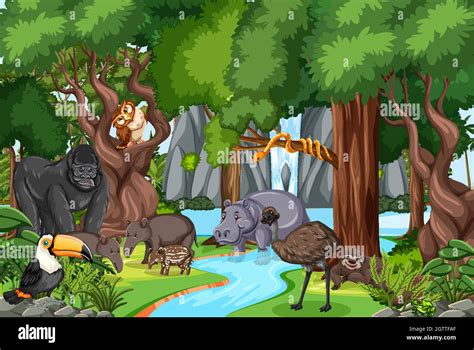 Wild Animal Cartoon Character In The Forest Scene Stock Vector Image