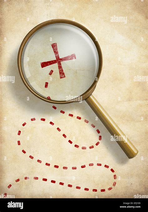 Pirates Treasure Old Map With Marked Location And Loupe Searching