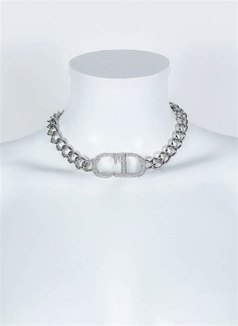 Christian Dior Silver Toned Diamante Cd Monogram Necklace At 1stdibs