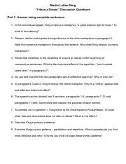 For the following questions, choose the best answer or respond in complete. MLK-Dream-Discussion-Questions.pdf - Martin Luther King ...