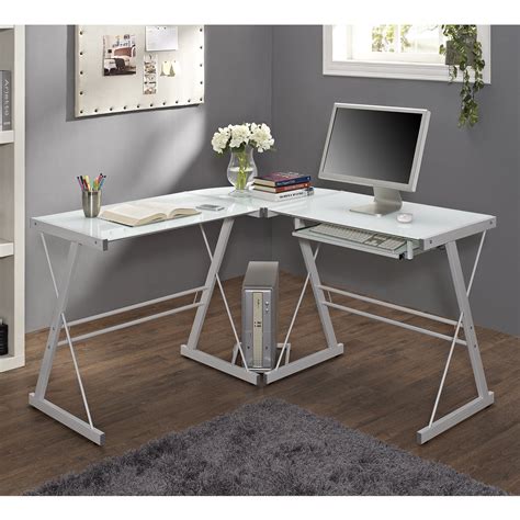 51 Corner Writing Computer Office Desk White Metal And Tempered Glass Lavorist