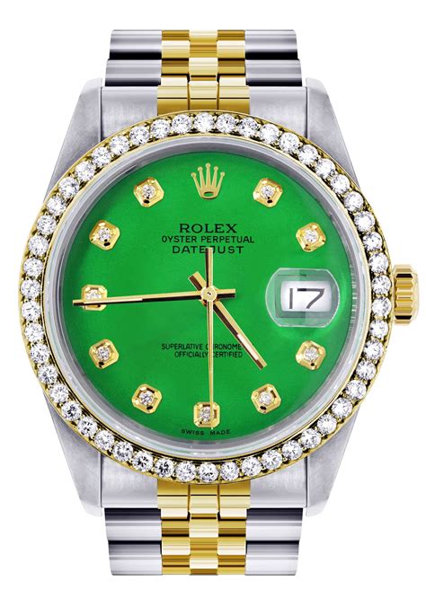 Gold Rolex Datejust Watch 16233 For Men 36mm Green Dial Jubilee