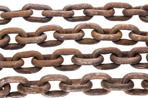 Rows Of Old Iron Rusty Chain Links On White Background Stock Photo