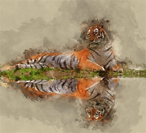 Digital Watercolor Painting Of Beautiful Tiger Laying Down On Gr