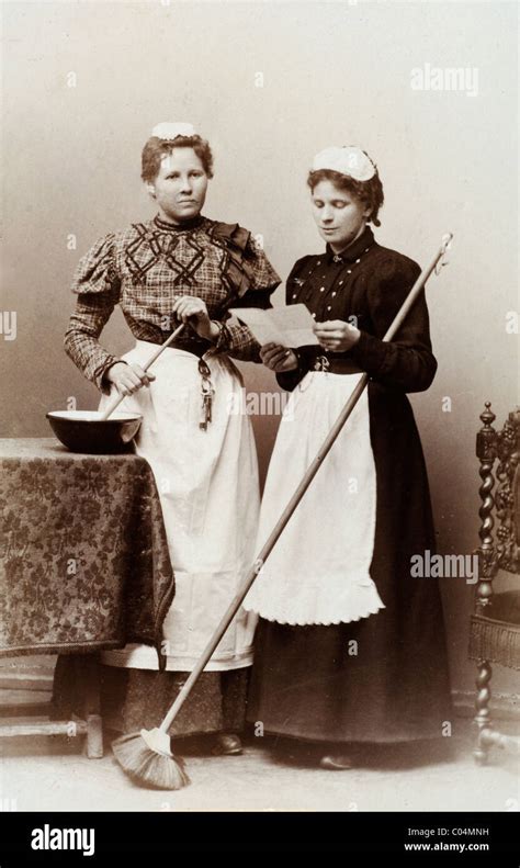Victorian Domestic Servants Servant Girls Or Maids Posing With Kitchen Utensils And Broom