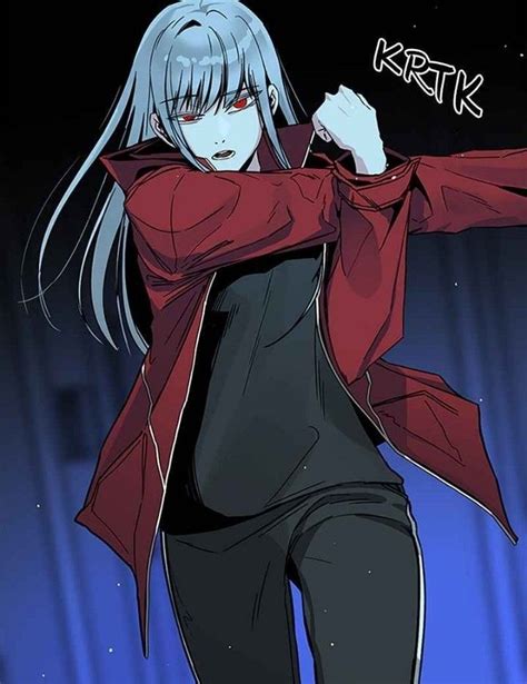 an anime character with long white hair and blue eyes wearing black pants and a red jacket