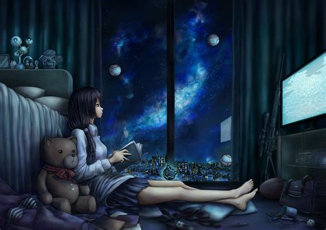 Wallpaper Night Anime Girls Space Teddy Bears Reading Calm Rifles Midnight Darkness