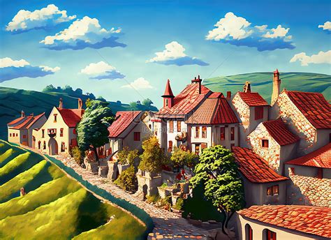 Quaint Countryside Village Nestled Among Rolling Hills With Red Tiled