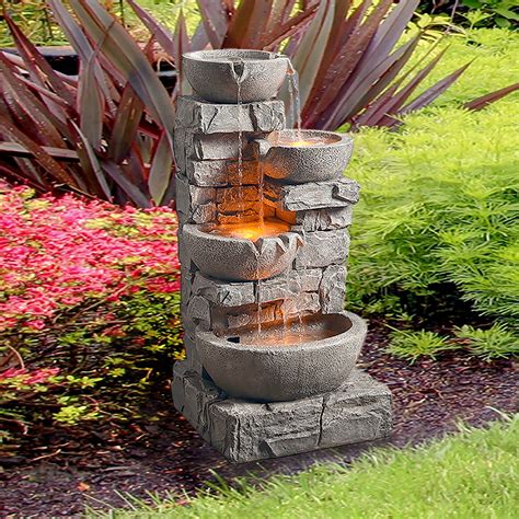 Teamson Home Stacked Stone Tiered Bowl Fountain With Led Light Gray