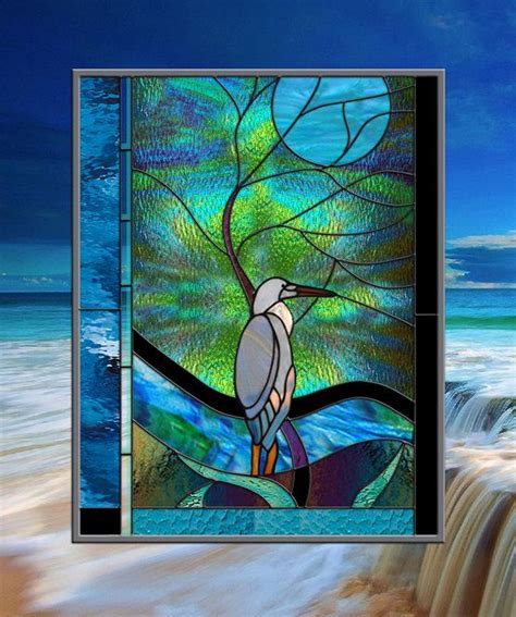 Blue Heron With Moonlit Tree Leaded Stained Glass Window Glas In Lood Vogels Glas In Lood