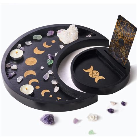 Yougoals Moon Tray Set Crystal Holder For Stones Display Black Wooden