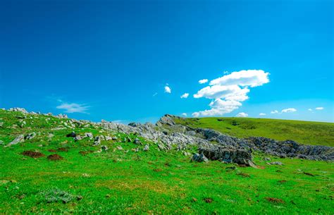 Landscape Of Green Grass And Rock Hill In Spring With Beautiful Blue