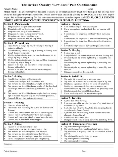 Revised Owestry Low Back Pain Questionnaire Fill And Sign Printable