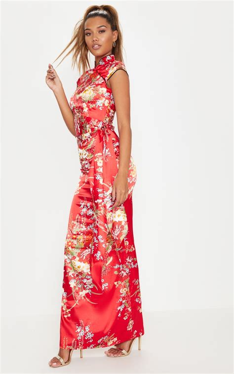 Red Oriental Print High Neck Maxi Dress Prettylittlething
