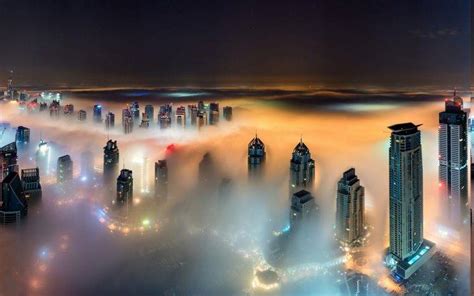 Skyscraper Cityscape Mist Dubai United Arab Emirates Night Urban