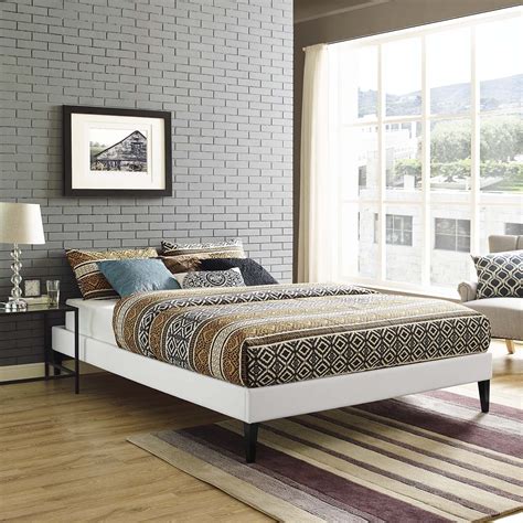White Faux Leather Upholstered Queen Size Platform Bed Frame With Wood
