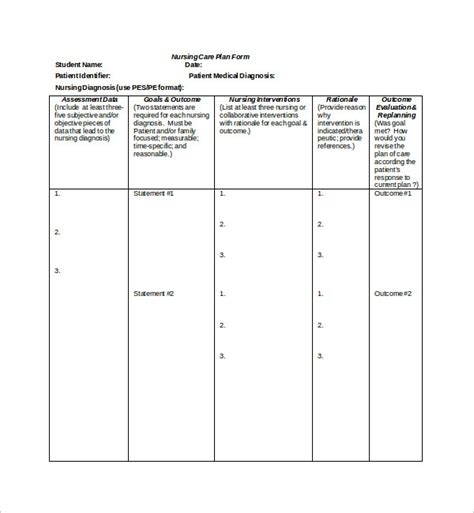 Sample Nursing Care Plan Template 8 Free Documents In