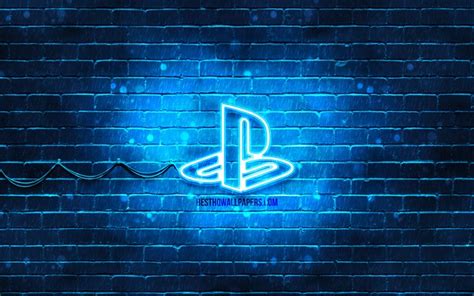 Download Wallpapers Playstation Blue Logo 4k Blue Brickwall