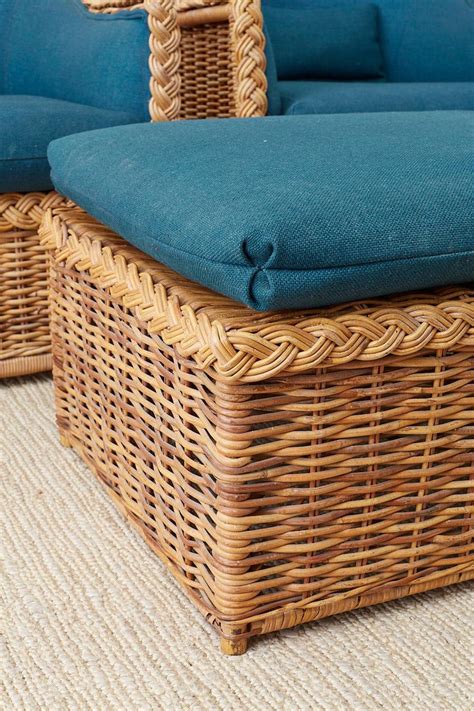 Elevate your patio with outdoor lounge chairs. Pair of McGuire Rattan Wicker Lounge Chairs and Ottoman ...