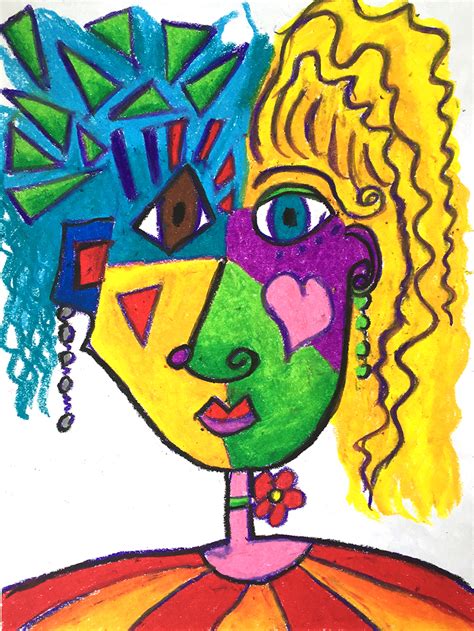 Picasso Faces On White Paper Portrait Drawing In Oil Pastel Art Lesson Christian Art Lessons