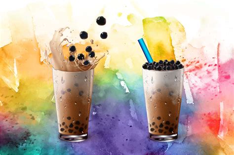 What a colorful boba tea drink! Bubble milk tea set on colorful watercolor texture - Download Free Vectors, Clipart Graphics ...