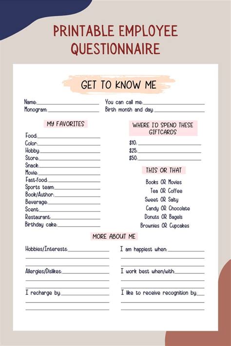 Coworker Questions Printable All About Me Employee Questionnaire Employee Favorites List
