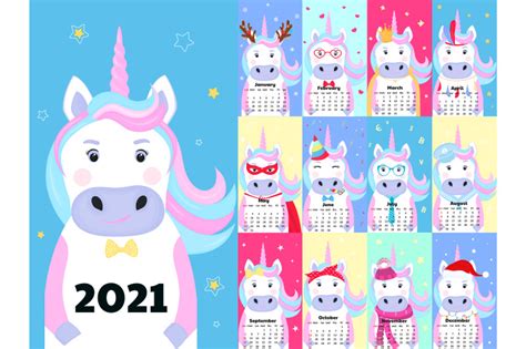 Calendar For 2021 With Funny Unicorns By Liluart Thehungryjpeg